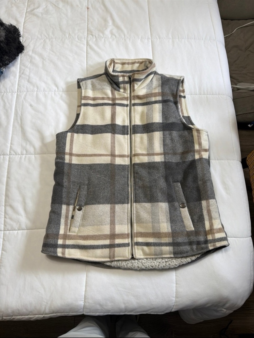 Altar'd State Gray and Cream Plaid Sherpa Vest